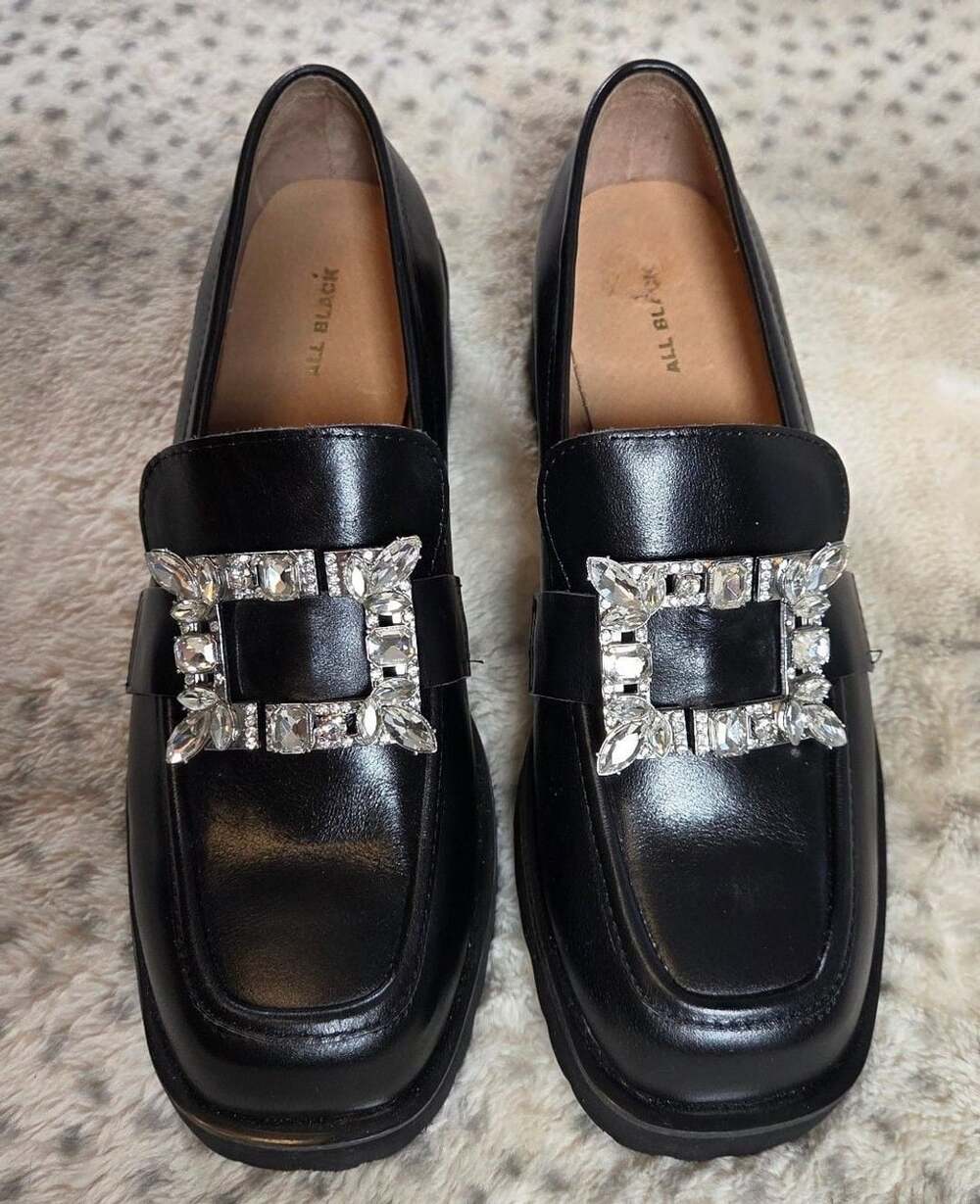 ALL BLACK Lady Bling Loafers Black Leather Crystal Rhinestone Platform